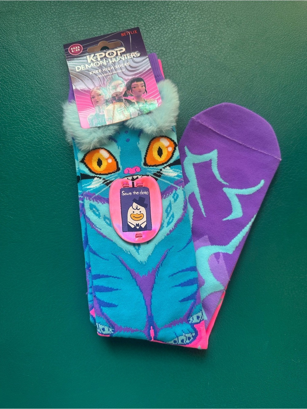 Derpy Cat K-Pop Demon Hunters Knee High Socks - Turquoise Purple Pink - Netflix